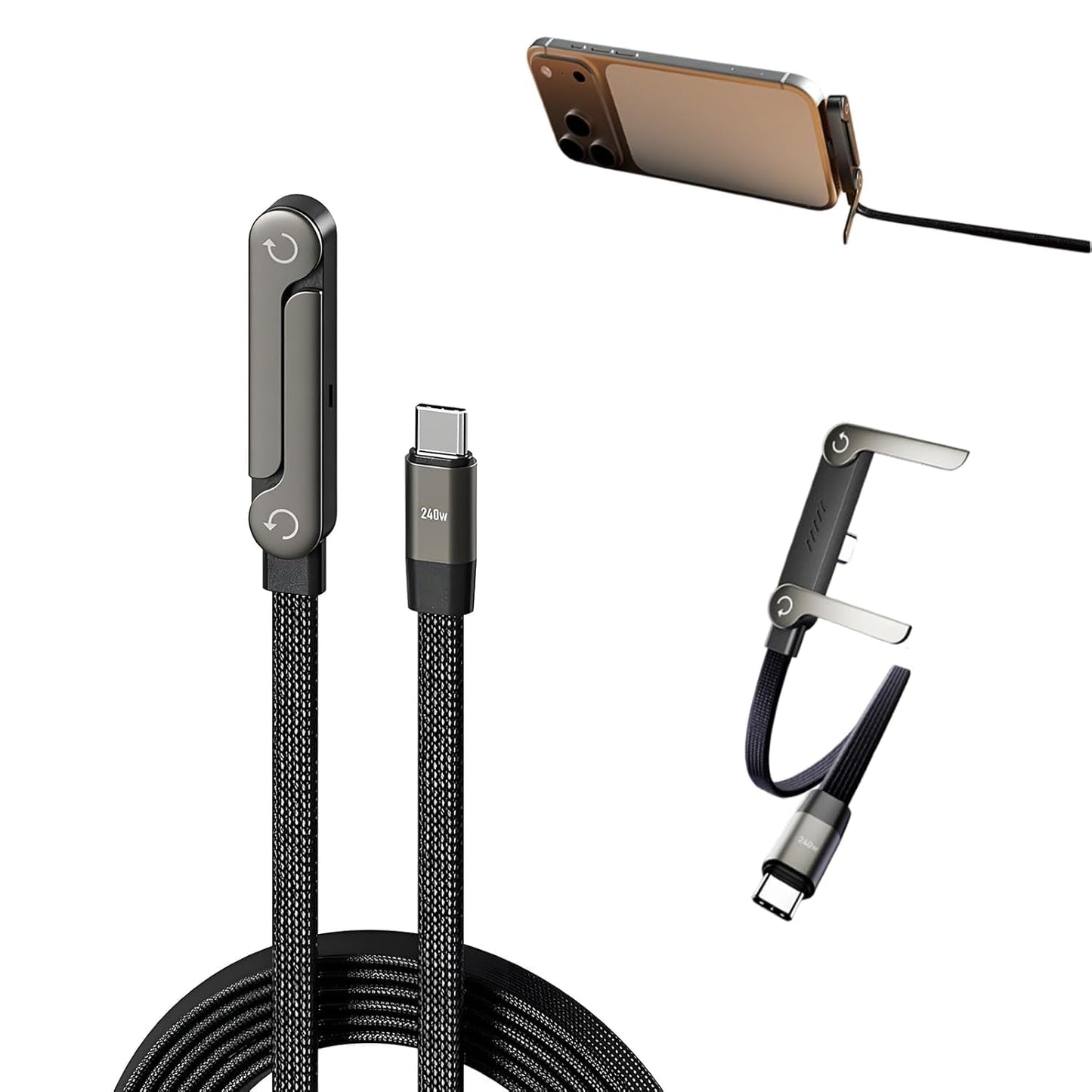 Câble de charge rapide 240W avec support téléphone intégré, vue de profil
