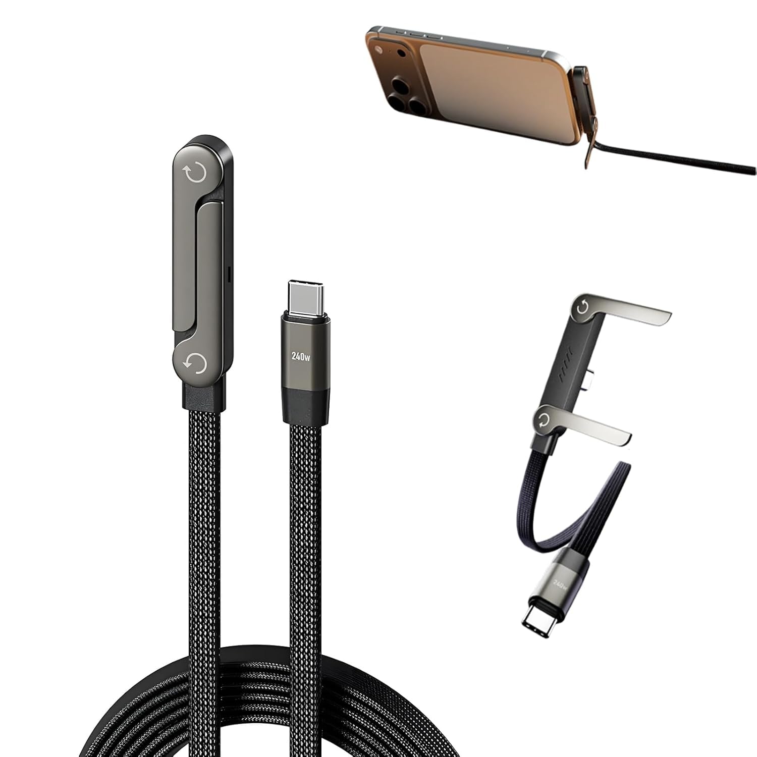 Câble de charge rapide 240W avec support téléphone intégré, vue de profil