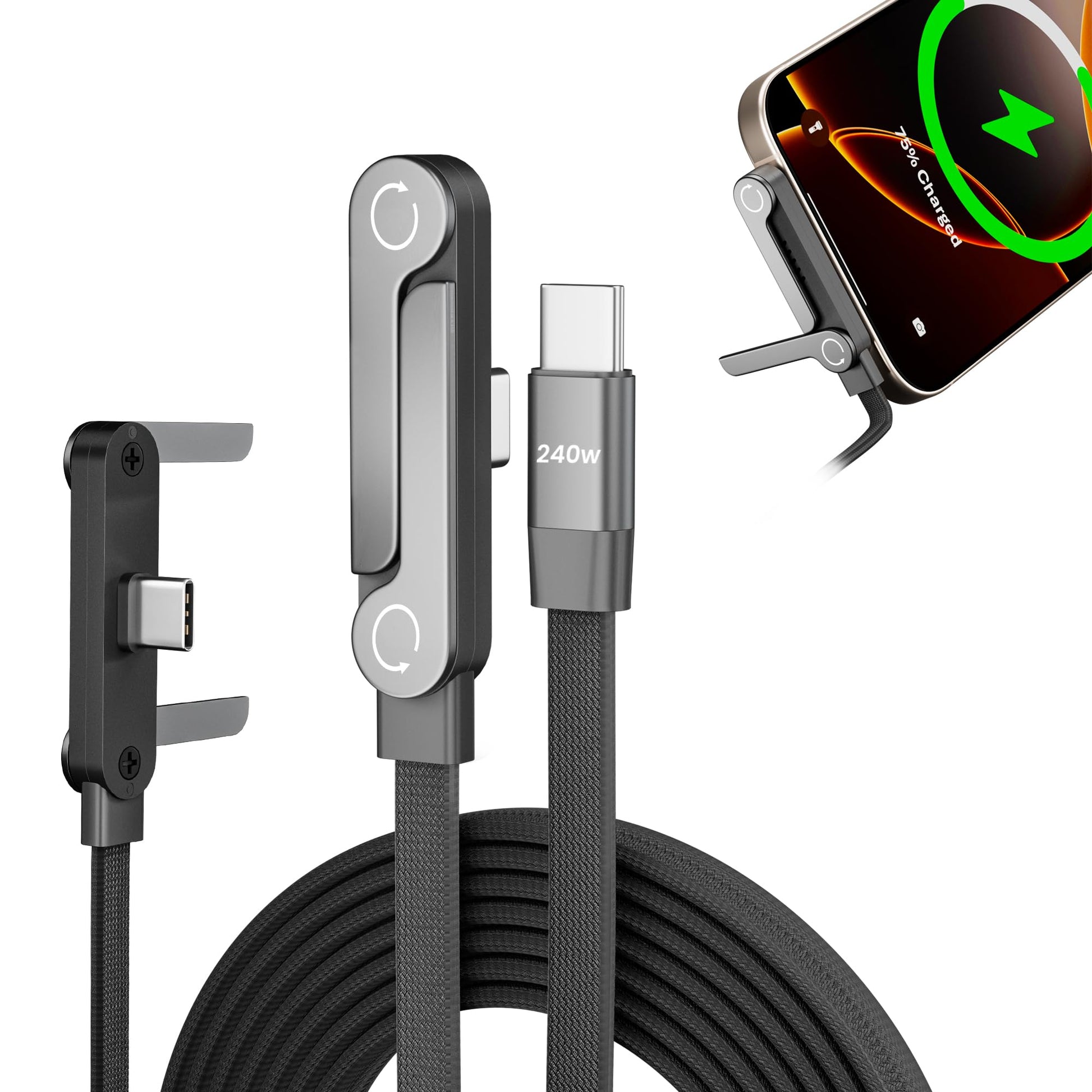 Câble de charge 240W avec support déplié, téléphone en charge à 75%